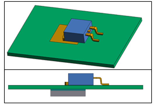 Isometric and lateral view of D2PAK simulated geometry, PCB, and heatsink on bottom side.