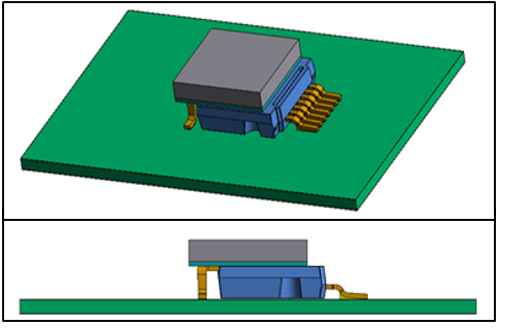 Isometric and lateral view of HU3PAK simulated geometry, PCB, and heatsink on top side.