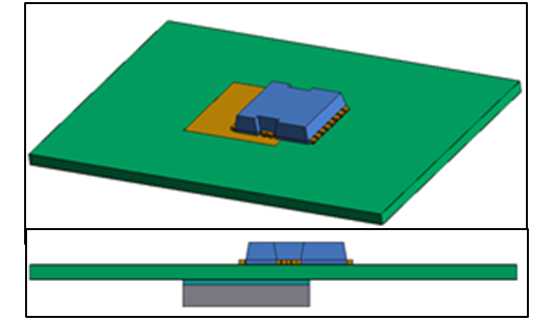 Isometric and lateral view of TO-LL simulated geometry, PCB and heatsink on bottom side.