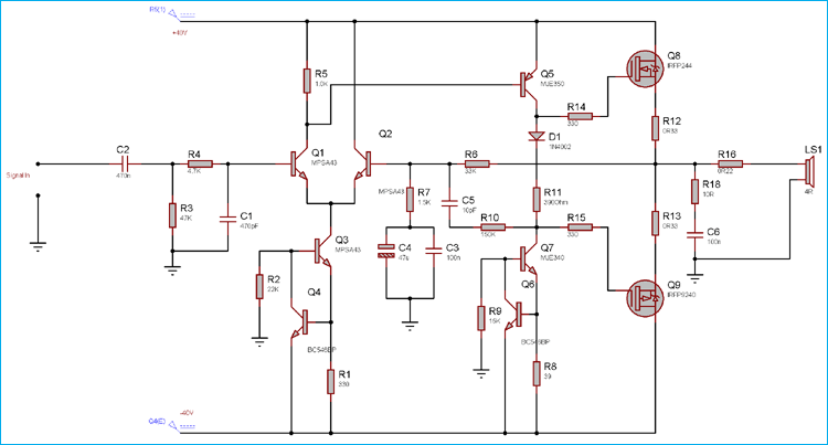使用MOSFET的100瓦功率放大器电路