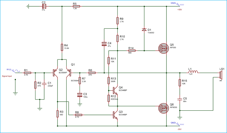 使用MOSFET的50瓦功率放大器电路