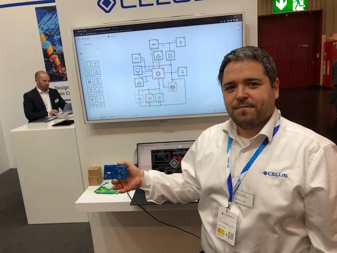 Last week at CELUS' Embedded World trade show booth, Antonio Becerra Estaban, Senior Field Application Engineer at CELUS, gave All About Circuits a demo of the company's AI-based EDA tool. Using the tool, a design idea can start with the block diagram as shown, and quickly result in the data needed to manufacture the completed module as shown.