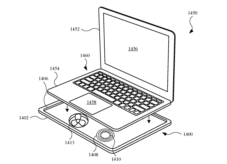 MacBook Accessory. Here 1410 refers to the wireless communication circuit, 1408 refers to the magnetic assembly, and 1413 refers to fan. Image courtesy of Apple.