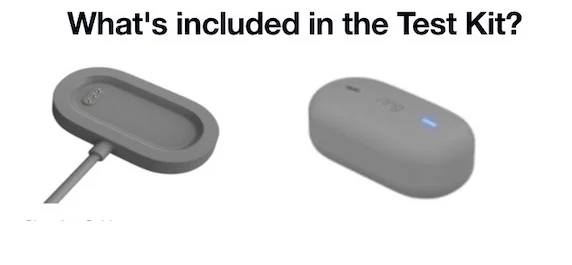 The Sidewalk test kit includes a charging cable (left) and an Amazon Sidewalk coverage test kit device that pings the network for coverage.