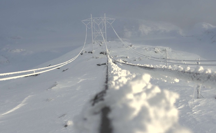 An image from one of Laki Power's line monitoring systems showing ice among a power line.