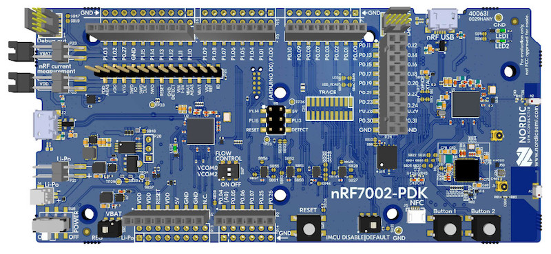 The nRF7002 DK is a single-board development kit for doing evaluation and development on the new nRF7002 Wi-Fi chip.