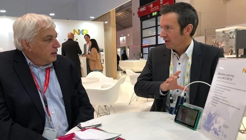 At the Electronica trade fair last month, All About Circuits’ Editor-in-Chief Jeff Child (left) gets a demo of the MCX N MCU from Romain Ricci (right), NXP’s regional marketing manager for MCUs.