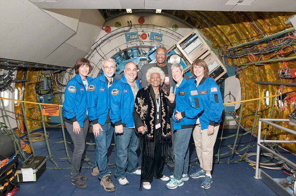 Nichelle Nichols (center) inside the SOFIA aircraft.