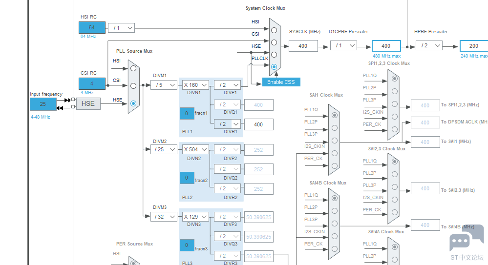 cubeMX无法配置PLL2和PLL3，无法选择USB的时钟源 [相关图片]