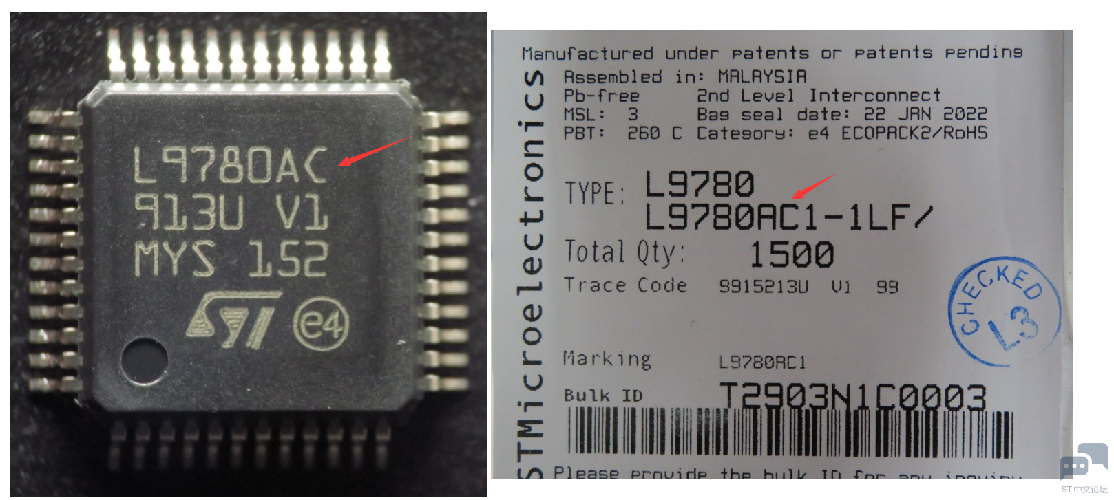 为什么L9780标签上显示L9870AC1，top marking显示是L9870AC ？ [相关图片]