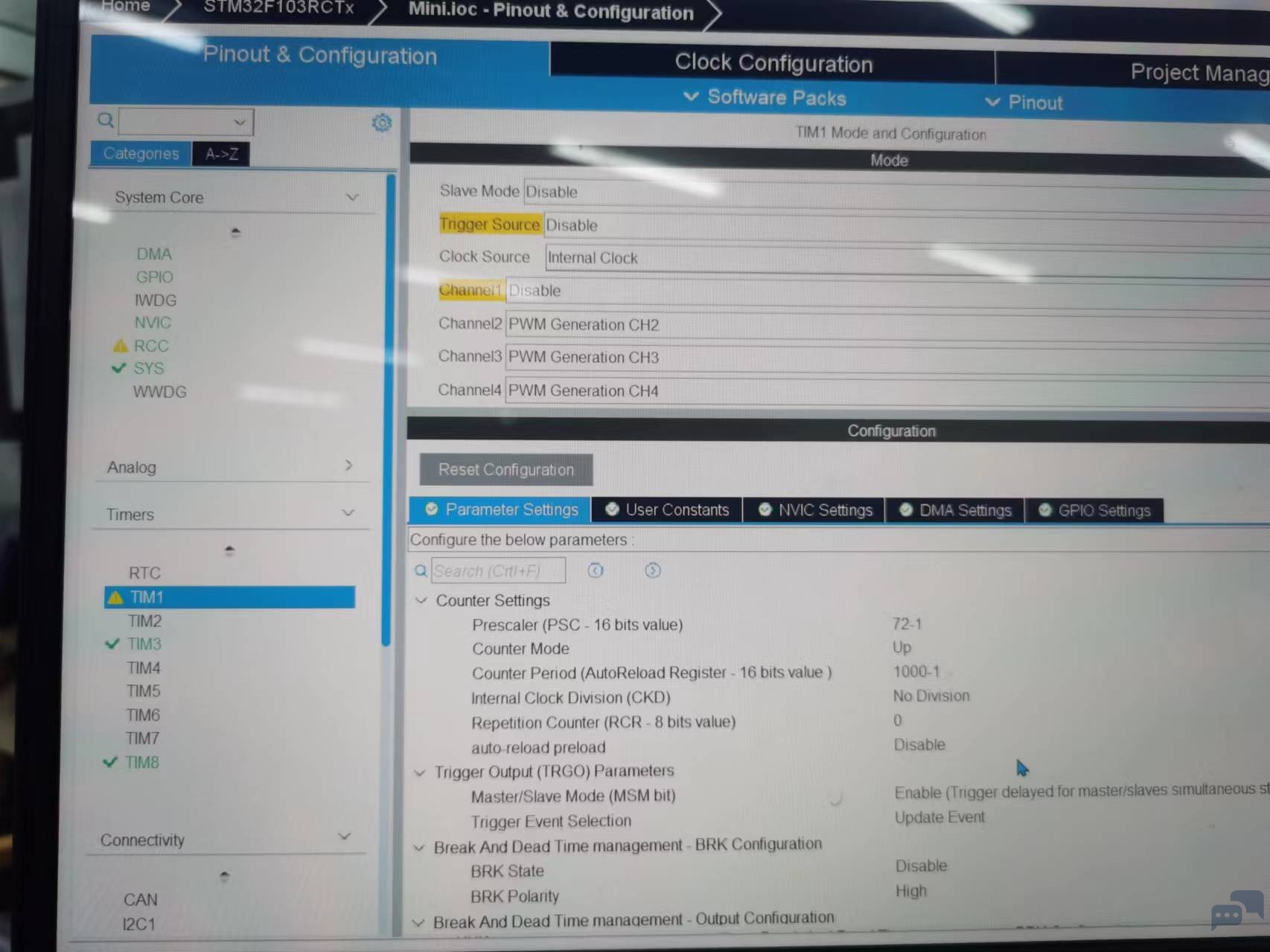主从定时器为什么输出的波形一直发，我只设置5个脉冲 [相关图片]
