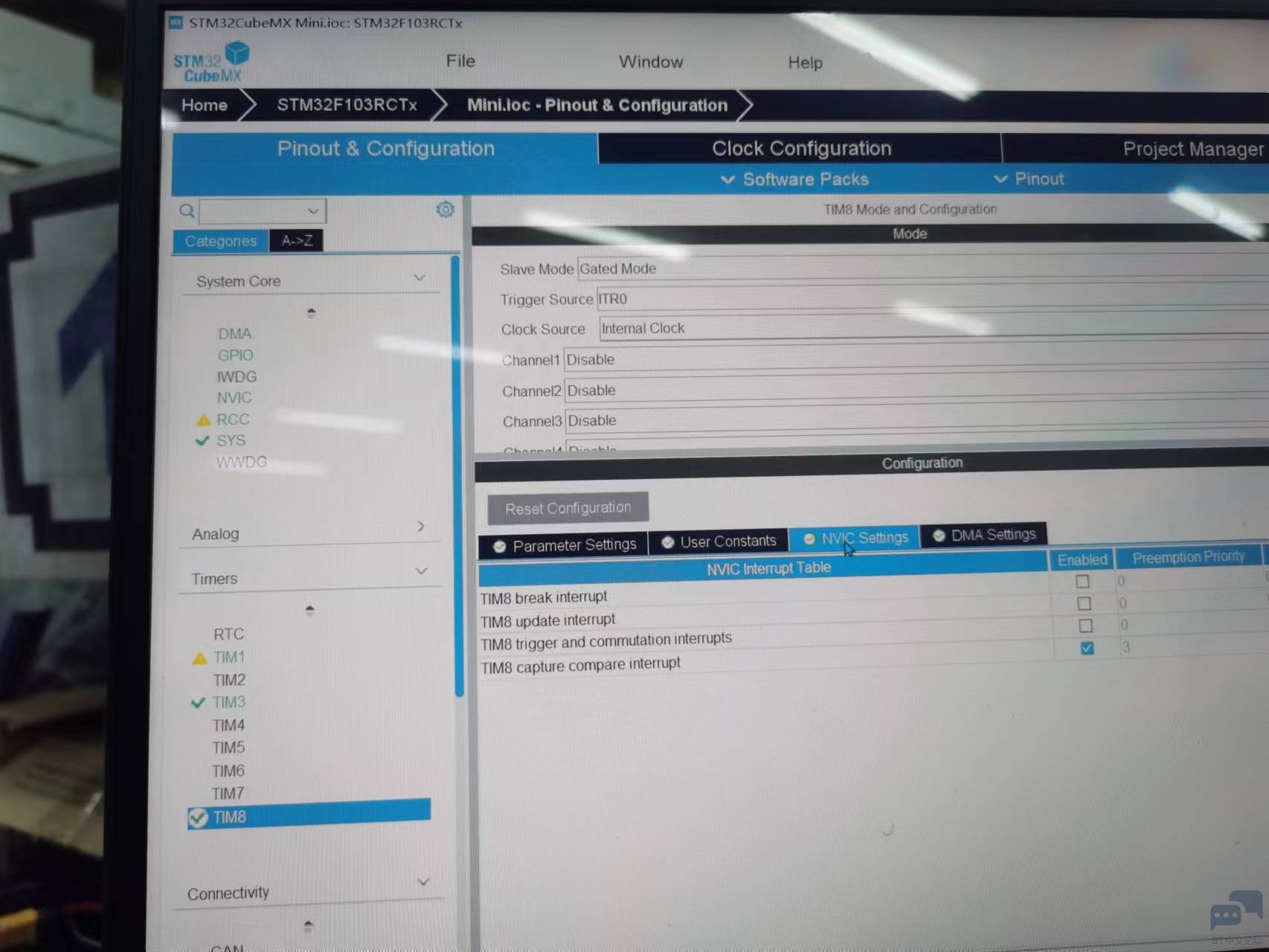 主从定时器为什么输出的波形一直发，我只设置5个脉冲 [相关图片]