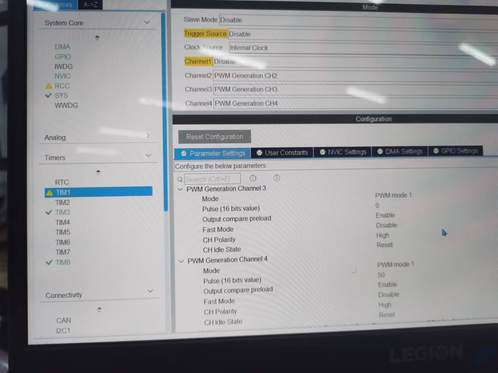主从定时器为什么输出的波形一直发，我只设置5个脉冲 [相关图片]