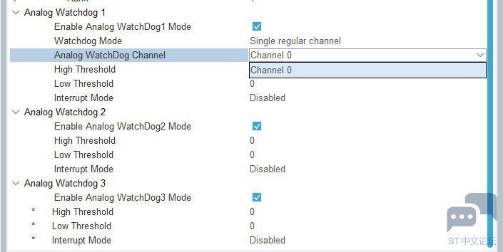 STM32CUBEIDE配置STM32G030C8T6 ADC不同转换模式下，ADC15,ADC16,AWD2,AWD3不能使能？ [相关图片]
