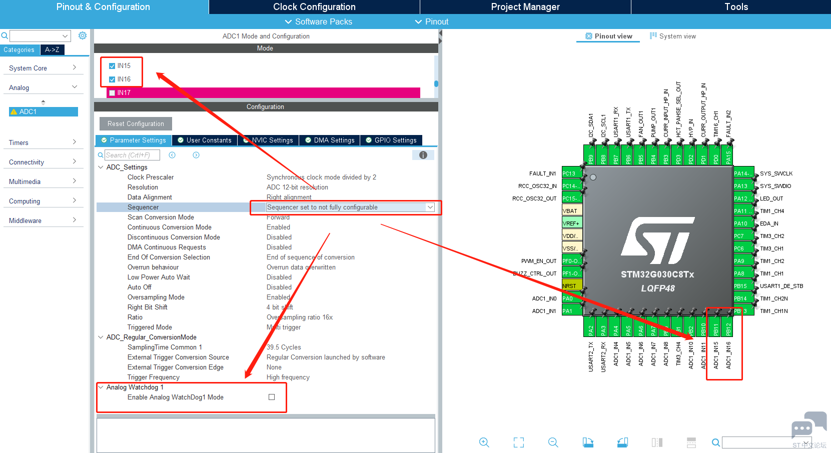 STM32CUBEIDE配置STM32G030C8T6 ADC不同转换模式下，ADC15,ADC16,AWD2,AWD3不能使能？ [相关图片]