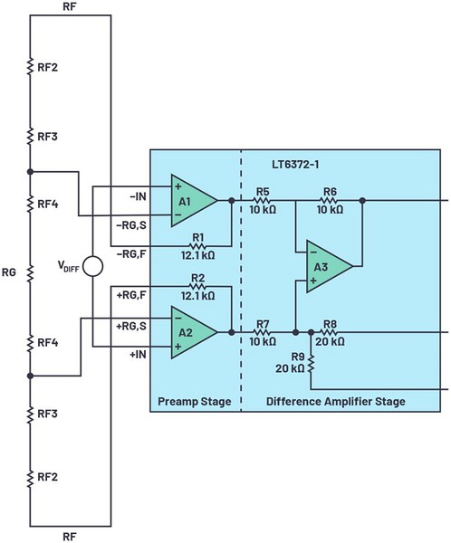 图4 : LT6372-1的框图，以及PGIA的简化外部连接（未显示增益开关）。