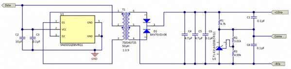 图五 : 利用TIDA-01605的推挽电路来为MOSFET驱动器产生15 V/–4 V