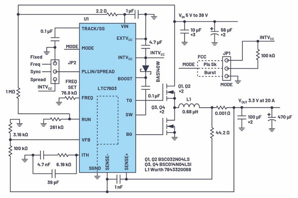 图1 : 基于LTC7803的转换器电气原理图，VIN为5 V至38 V，VOUT为3.3 V 20A时。